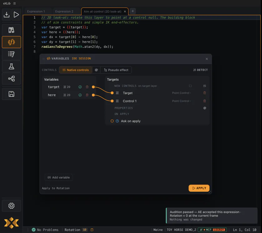 An Audition success toast stating that After Effects accepted the expression, Rotation sampled as zero at the current frame, and nothing was changed