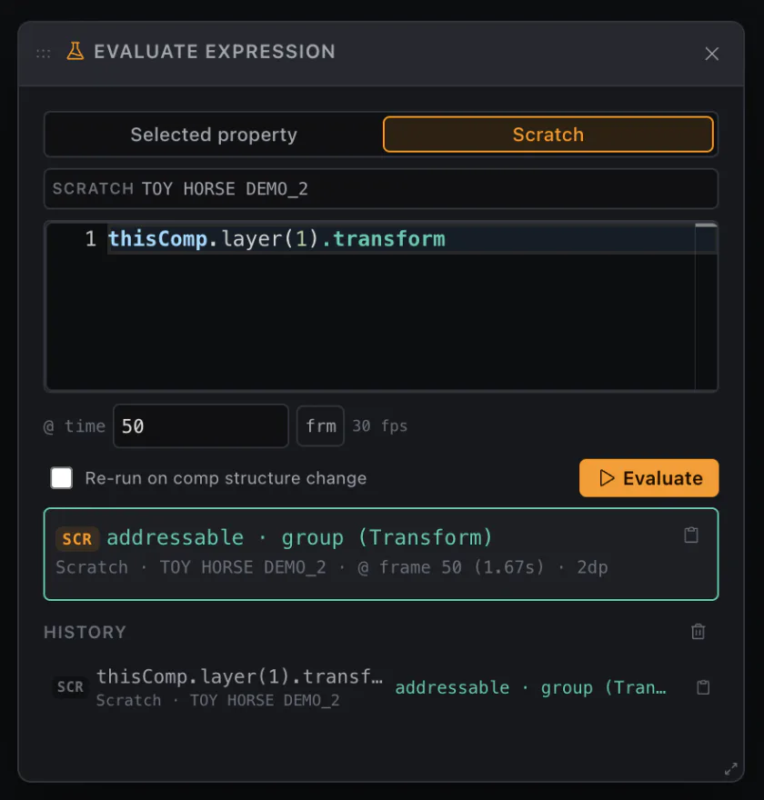 The Evaluator in Scratch mode with an at-time value, a classified addressable property result, provenance, and evaluation history
