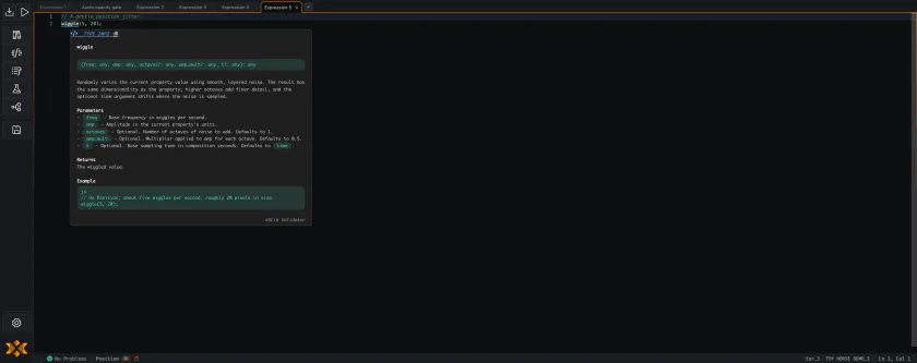 Hovering the wiggle function, showing its signature, prose description, and example code