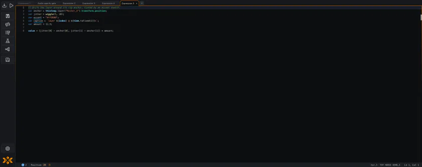 An expression using wiggle, thisComp.layer accessors, a hex color, and a template literal, each colored distinctly