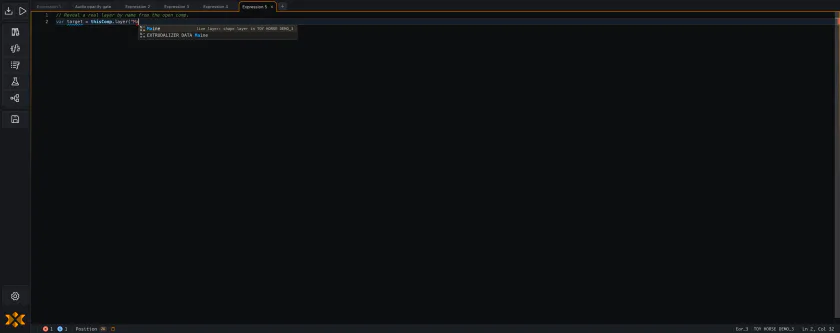 Typing thisComp.layer with a suggestion dropdown showing real layer names from the open composition