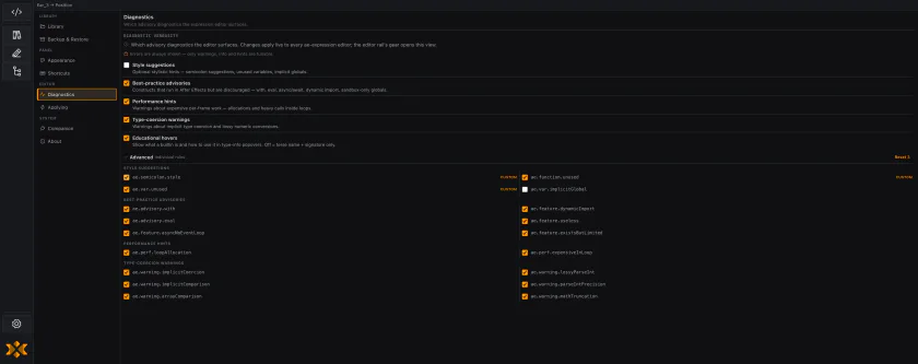 Settings, Diagnostics section, showing category checkboxes and the expanded Advanced per-rule list with a Custom tag