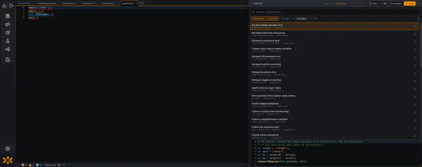 The Compact panel floating over the editor with a result row selected and its code shown in the Monaco preview