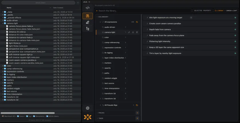 The same camera and light pseudo-rig folder selected in eXLib and open in Finder, showing paired pseudo JSON and FFX files