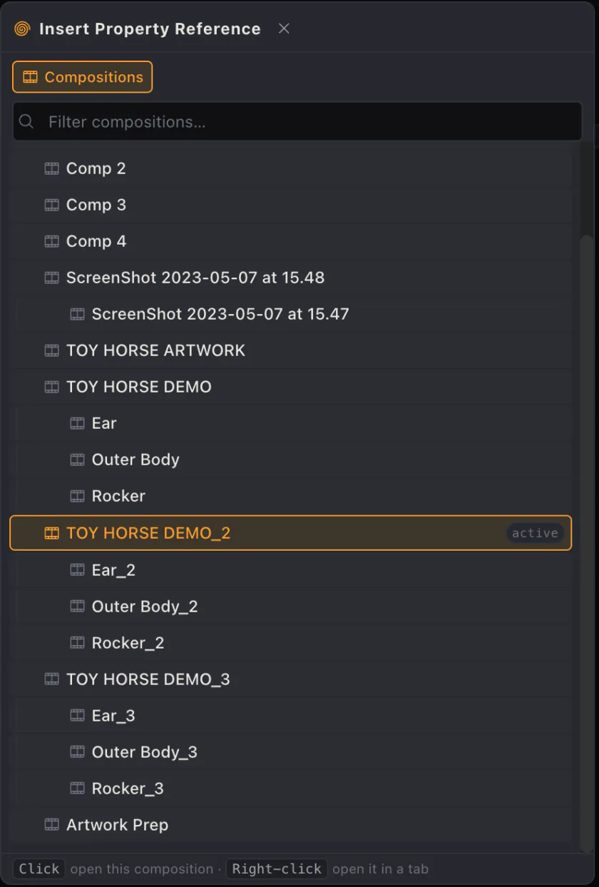 The pickwhip Compositions list with its filter field, hierarchical comp rows, and the active composition marked active