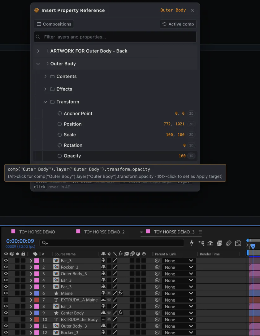 The pickwhip browsing Outer Body with live values and a reference tooltip while After Effects remains visibly on the Toy Horse Demo 3 timeline