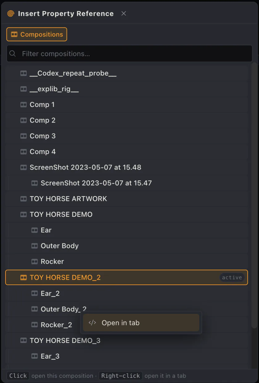A composition row context menu with Open in tab enabled