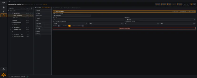Pseudo Effect Authoring: a Structure tree of controls, an Inspector beside it, every verb in one header row, and a footer that only reports status.