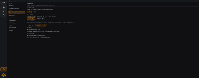 Ten settings sections under four captions, with Appearance selected