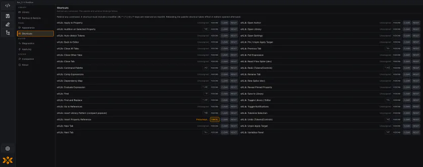 Every command, its current chord, and three verbs per row — rebinding updates the palette, the tooltips, and the hotkeys at once.