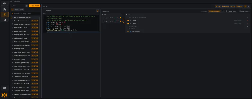 The Author view with the drafts panel, the EDITOR header row, the Monaco code pane, and the docked Variables workspace