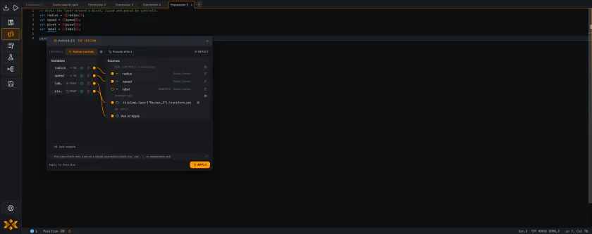 The Variables panel floating over the editor, with wires drawn from variables to a new control, a linked property, and the ask-on-apply port, plus a free unwired control endpoint