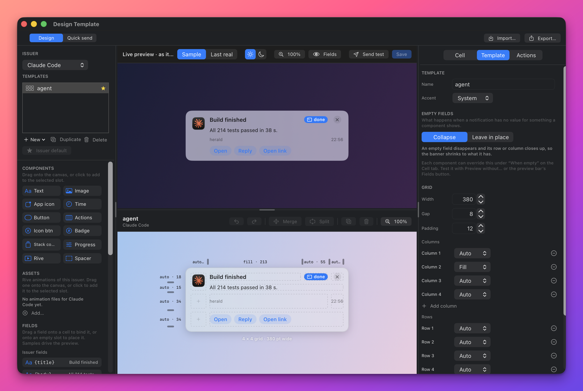 The Herald Designer: issuer and templates, components, assets and fields on the left; live preview and grid canvas in the centre; inspector on the right