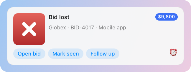 The Bid lost banner in the same layout with a red mark