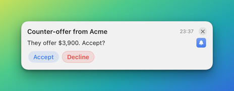 A banner titled Counter-offer from Acme with the body They offer $3,900. Accept? and two buttons, Accept and a red Decline