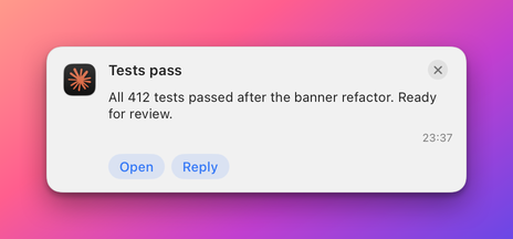 A banner from an agent app with the agent icon, a title, a message and the buttons Open and Reply