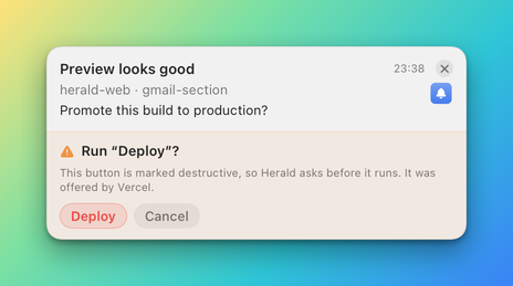 A banner asking Run Deploy, with a warning icon, a line saying the button is marked destructive, a red Deploy button and Cancel