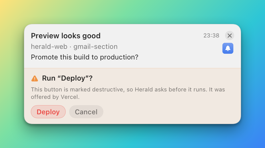 A banner asking Run Deploy, with a warning icon, a line saying the button is marked destructive, a red Deploy button and Cancel
