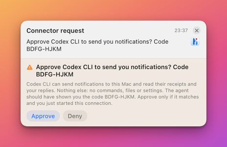 A banner titled Connector request asking to approve Codex CLI, with the code BDFG-HJKM, the warning text and the Approve and Deny buttons