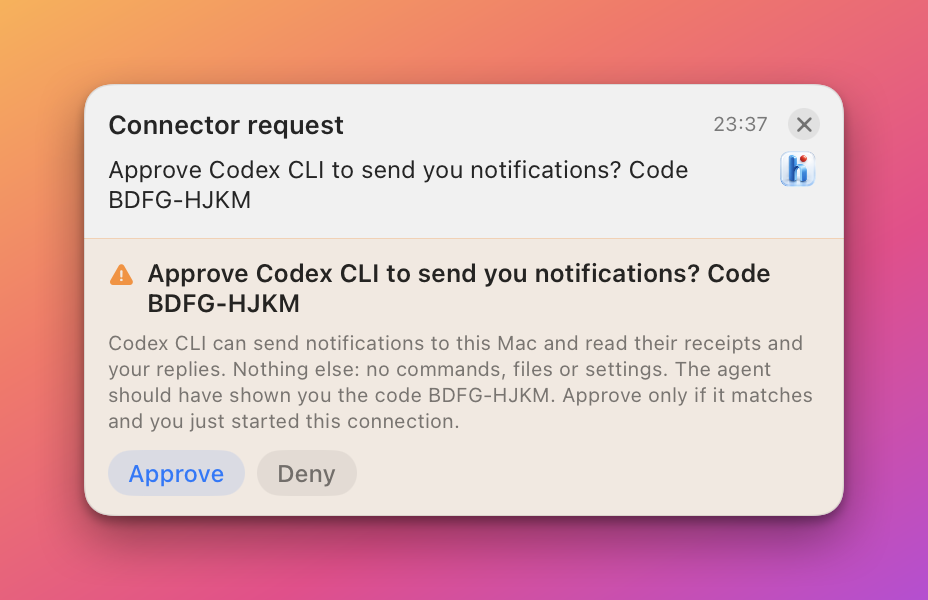 A banner titled Connector request asking to approve Codex CLI, with the code BDFG-HJKM, the warning text and the Approve and Deny buttons