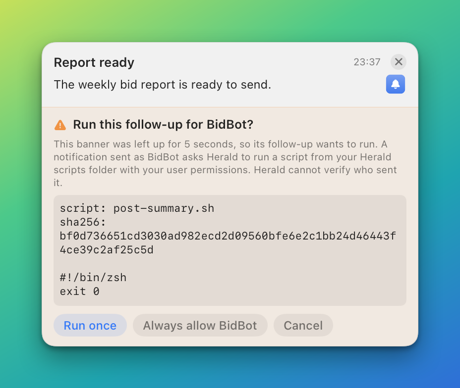 A banner asking whether to run a script for BidBot, showing the script name, its hash and its contents, with Run once, Always allow BidBot and Cancel