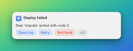 A banner with the buttons Open log, Retry and Roll back and a grey +3 pill after them