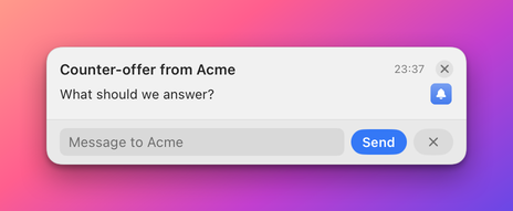 A banner titled Counter-offer from Acme asking What should we answer?, with a text field with the placeholder Message to Acme, a Send button and a close button in place of its buttons