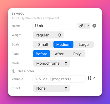 The Symbol panel for one action with Name, Weight, Scale, Place, Mode, Set a color, Variable and Effect