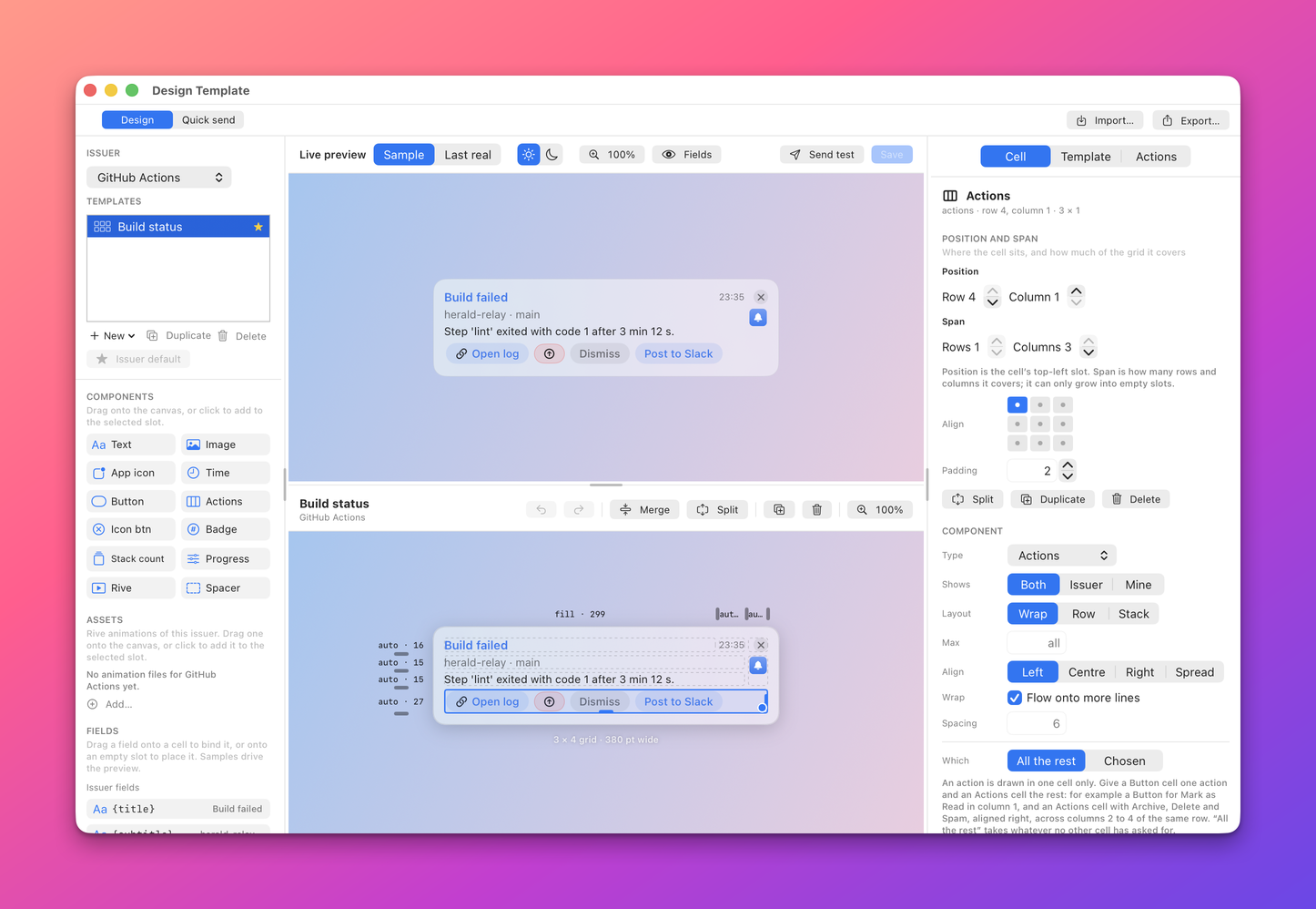 The Cell tab for an Actions cell with its Shows, Layout, Max, Align, Wrap, Spacing and Which settings