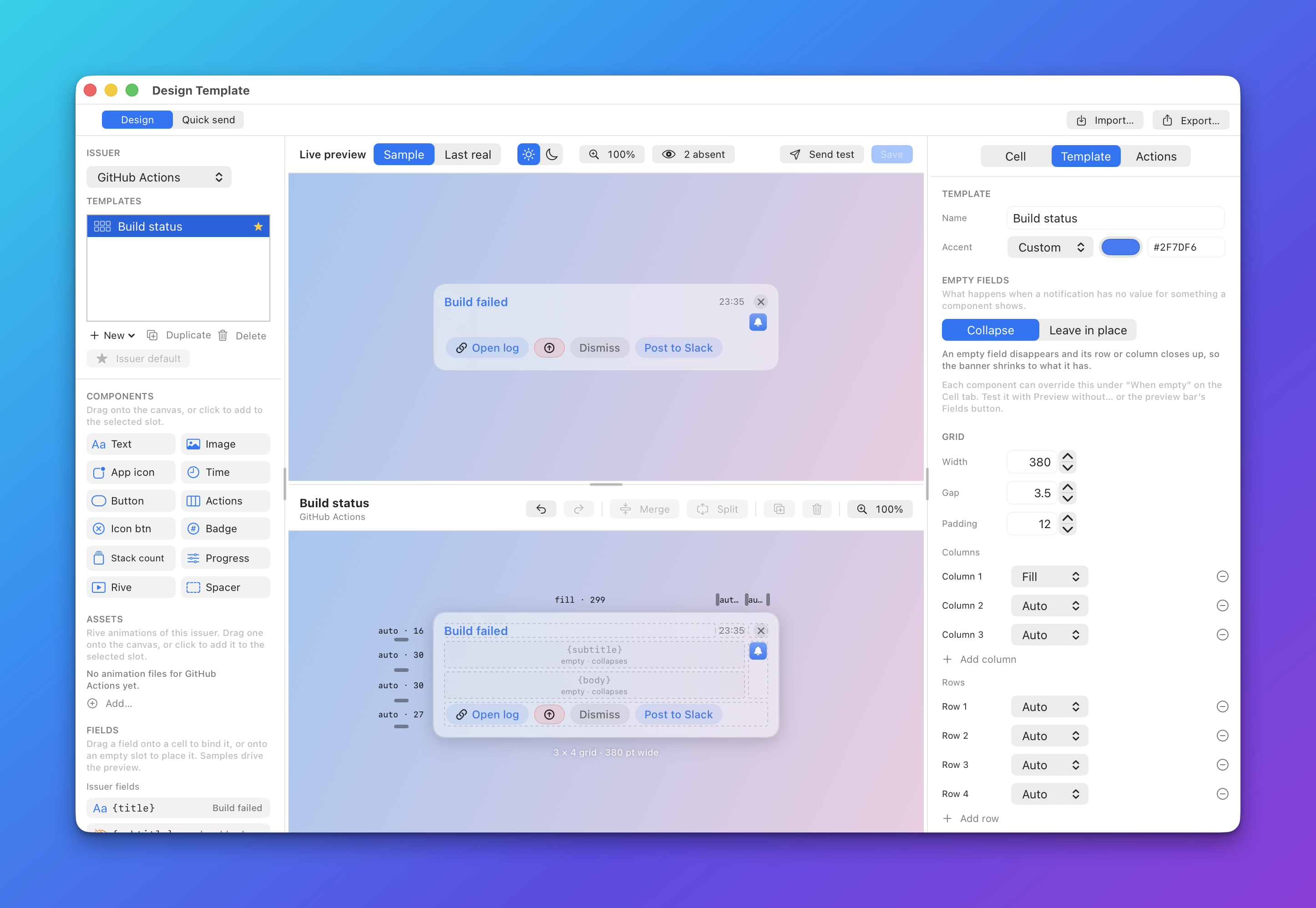 The Designer with the Fields button reading 2 absent, the subtitle and body rows closed up in the preview and marked as collapsing in the grid, and the Template tab with Collapse chosen