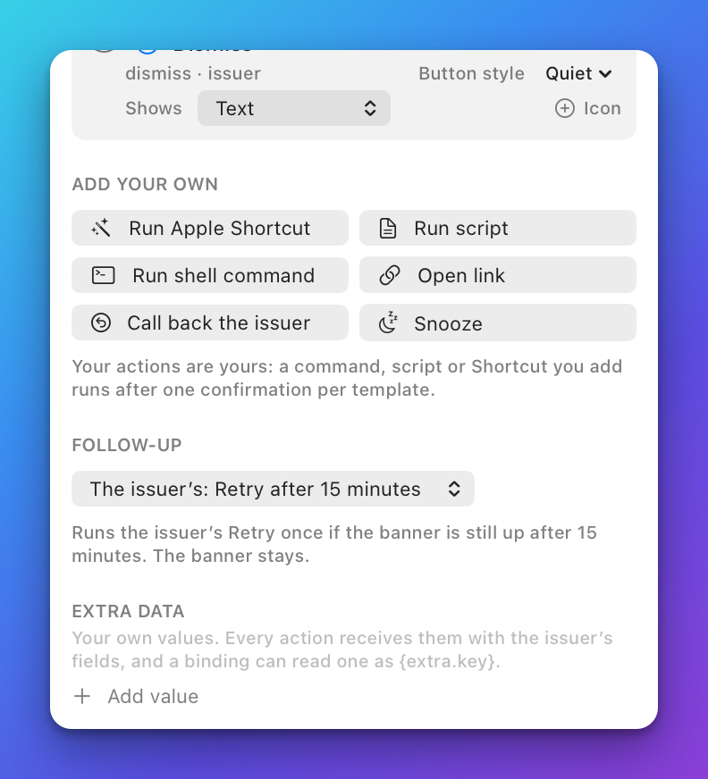 The Follow-up block of the Actions tab showing a follow-up that the issuer declares, with its own switch above the template's If not dismissed switch