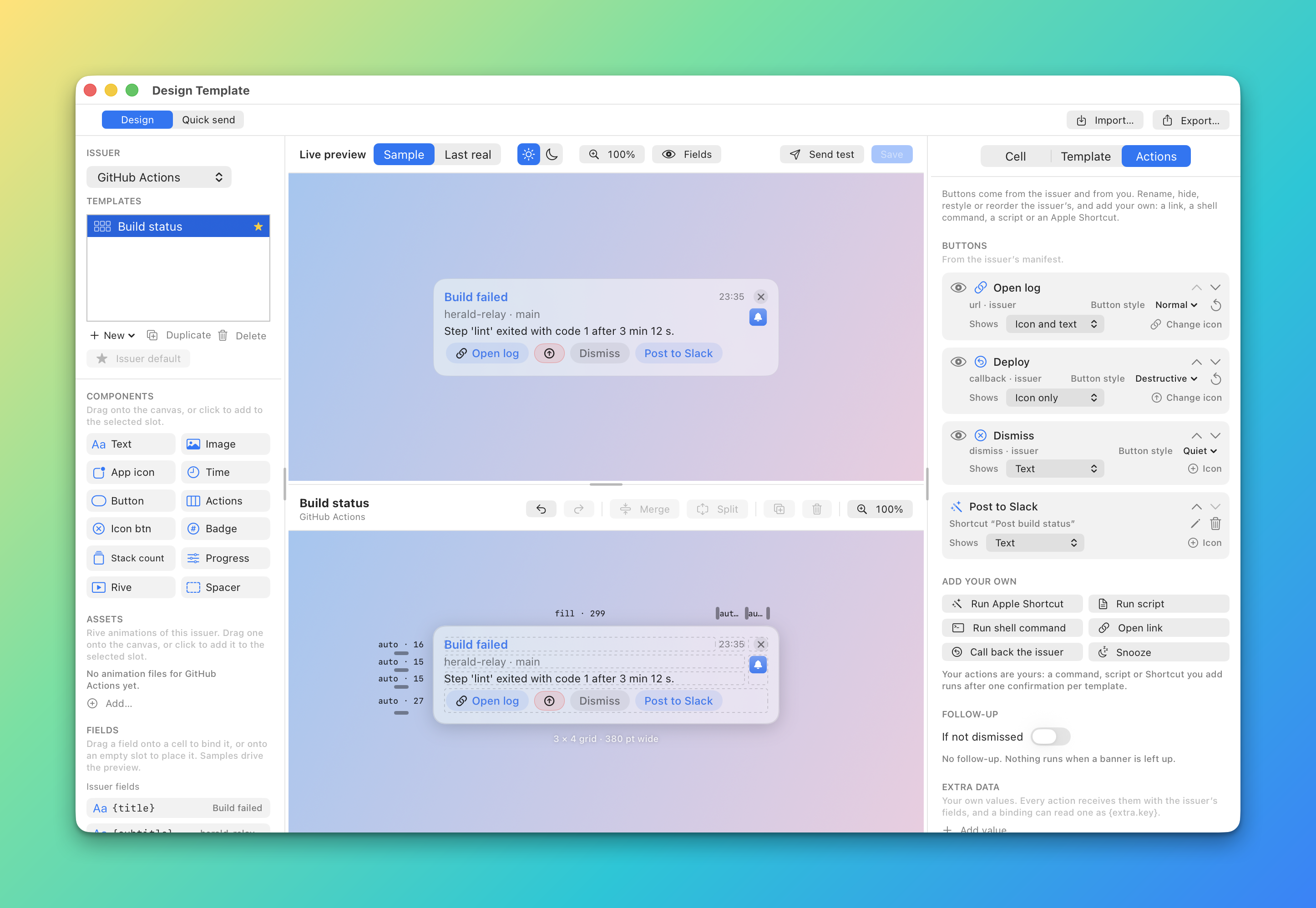 The Actions tab of the Designer inspector, with a Shows menu under each action