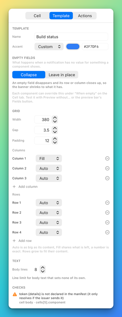 The Template tab of the inspector from Name down to Checks, which lists one warning about a token that the manifest does not declare
