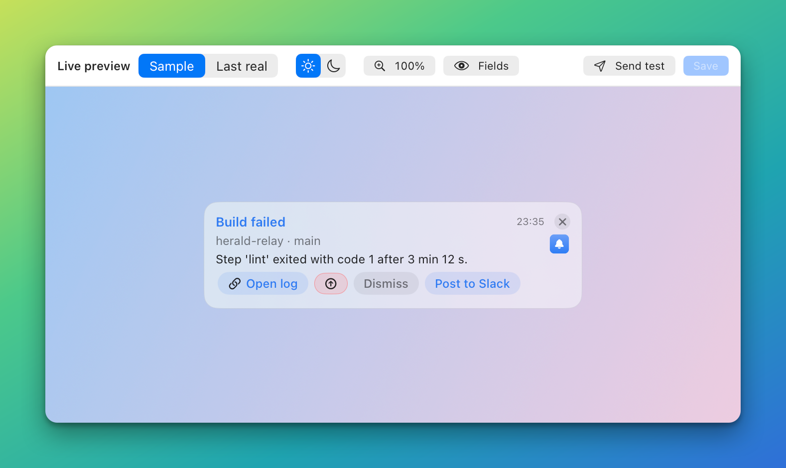 The live preview with its header: Live preview, Sample and Last real, the light and dark switch, zoom, Fields, Send test and Save