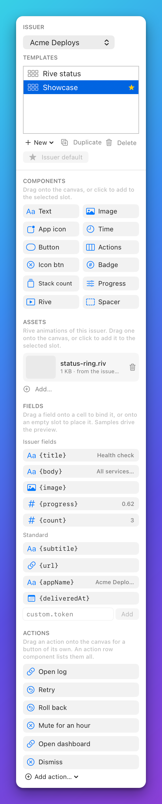 The palette from Components down to Fields, with Issuer fields and Standard fields and, below them, the Actions chips
