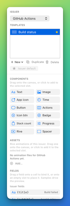 The left pane of the Designer with the Issuer menu, the Templates list and the Components palette of twelve chips