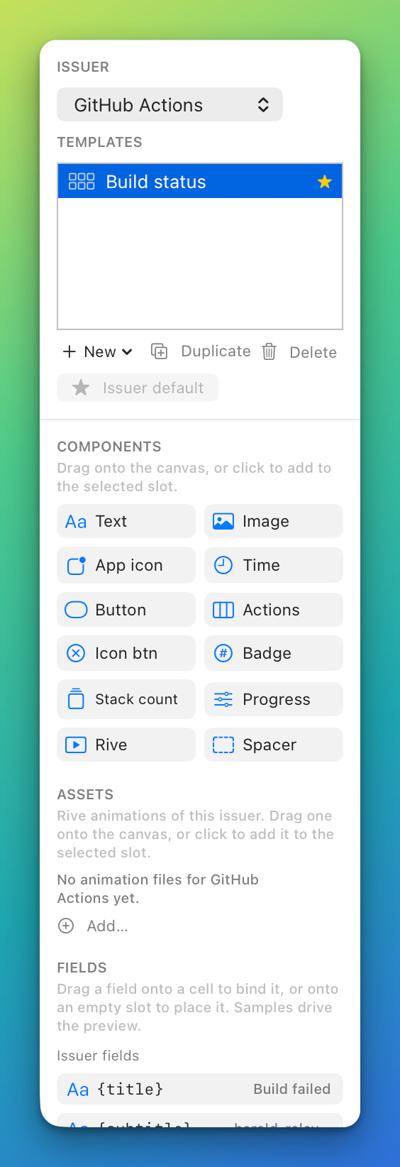 The left pane of the Designer with the Issuer menu, the Templates list and the Components palette of twelve chips