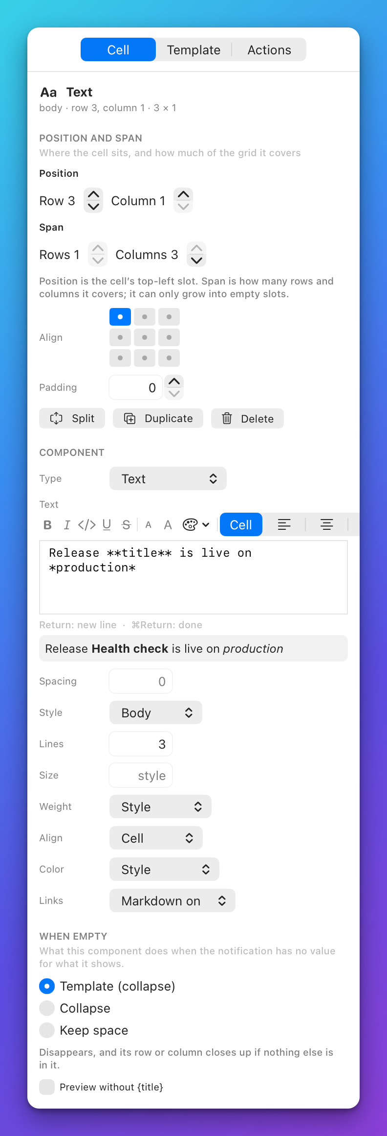 The Cell tab for a Text component with the rich-text bar above the text field, which holds a line with a bold word and an italic word
