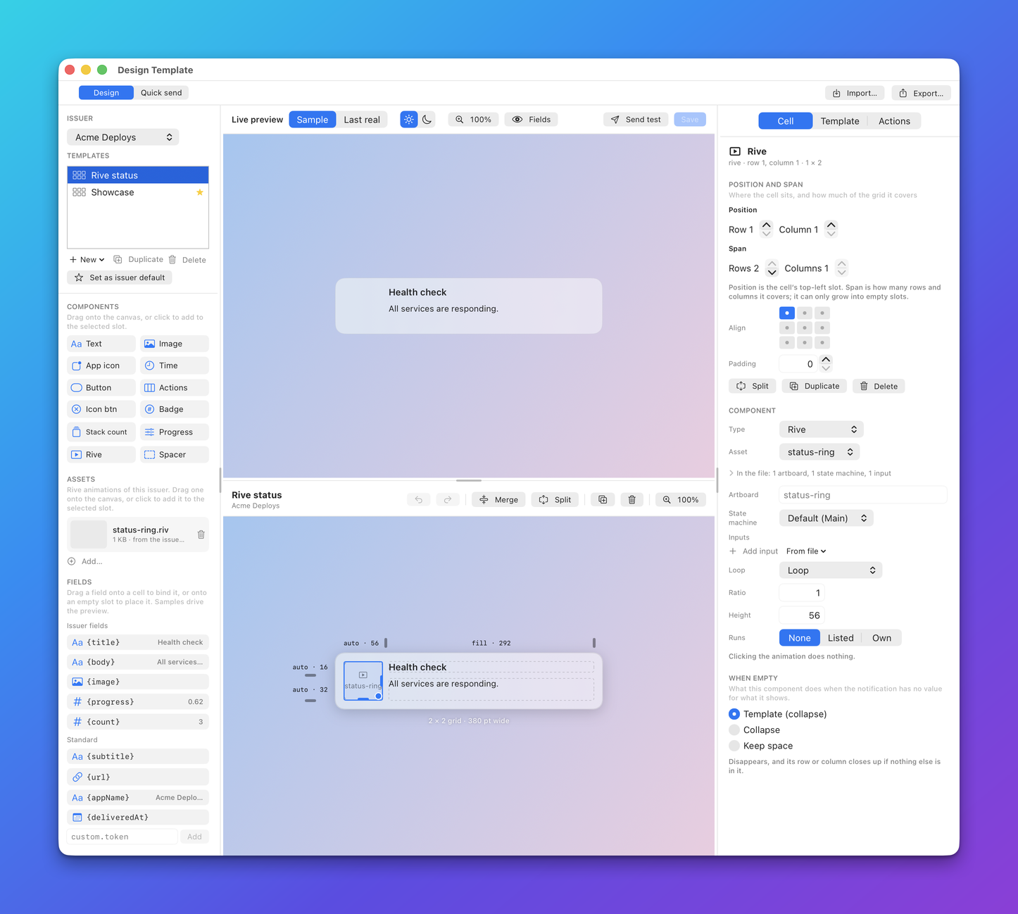 The Designer with a Rive cell selected and its settings in the inspector: Asset, Artboard, State machine, Inputs, Loop, Ratio, Height and Runs