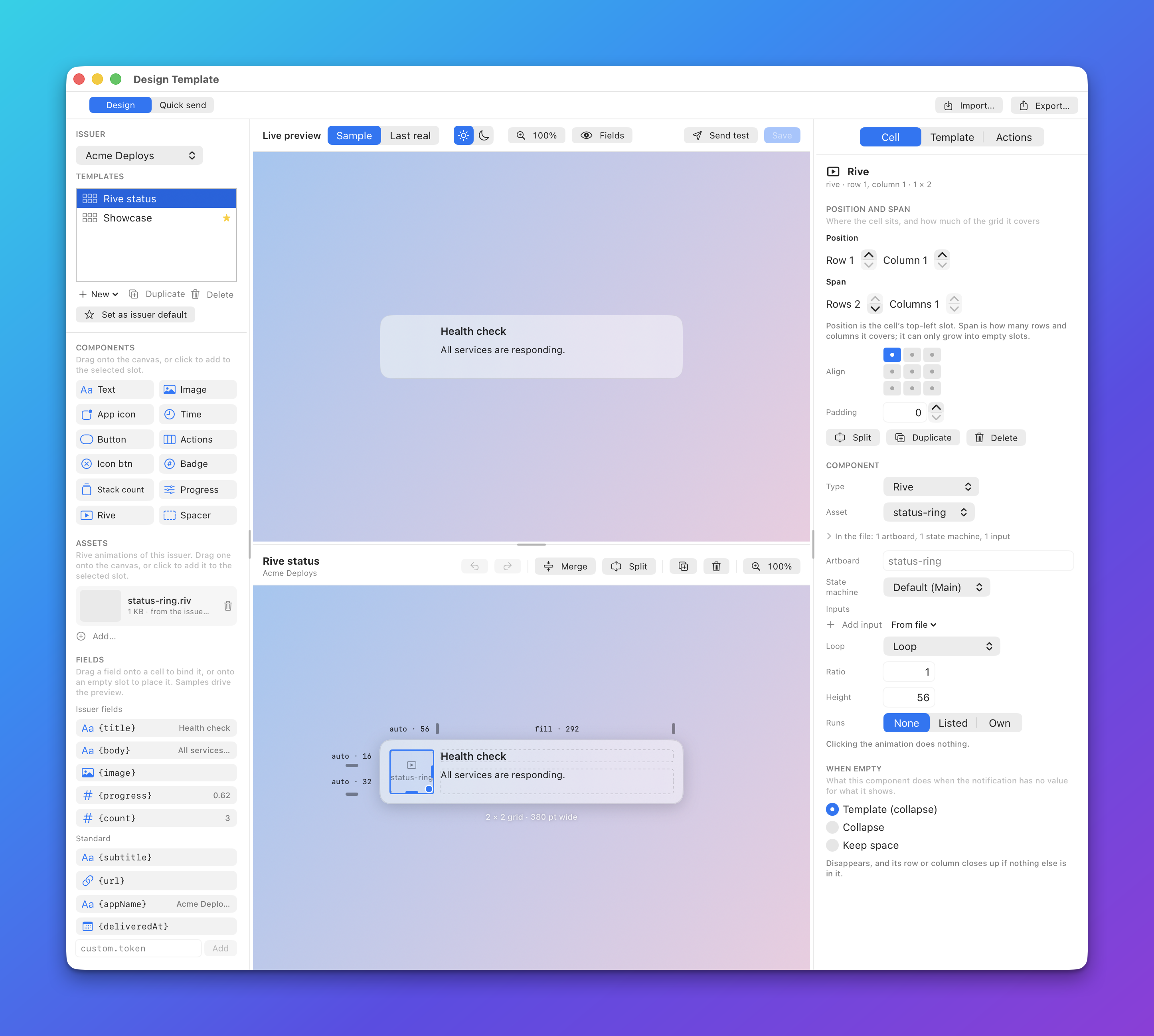 The Designer with a Rive cell selected and its settings in the inspector: Asset, Artboard, State machine, Inputs, Loop, Ratio, Height and Runs