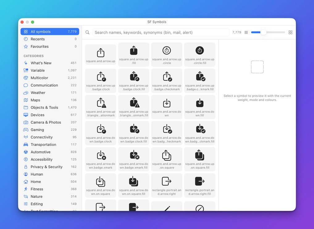 The Designer's symbol browser listing SF Symbols