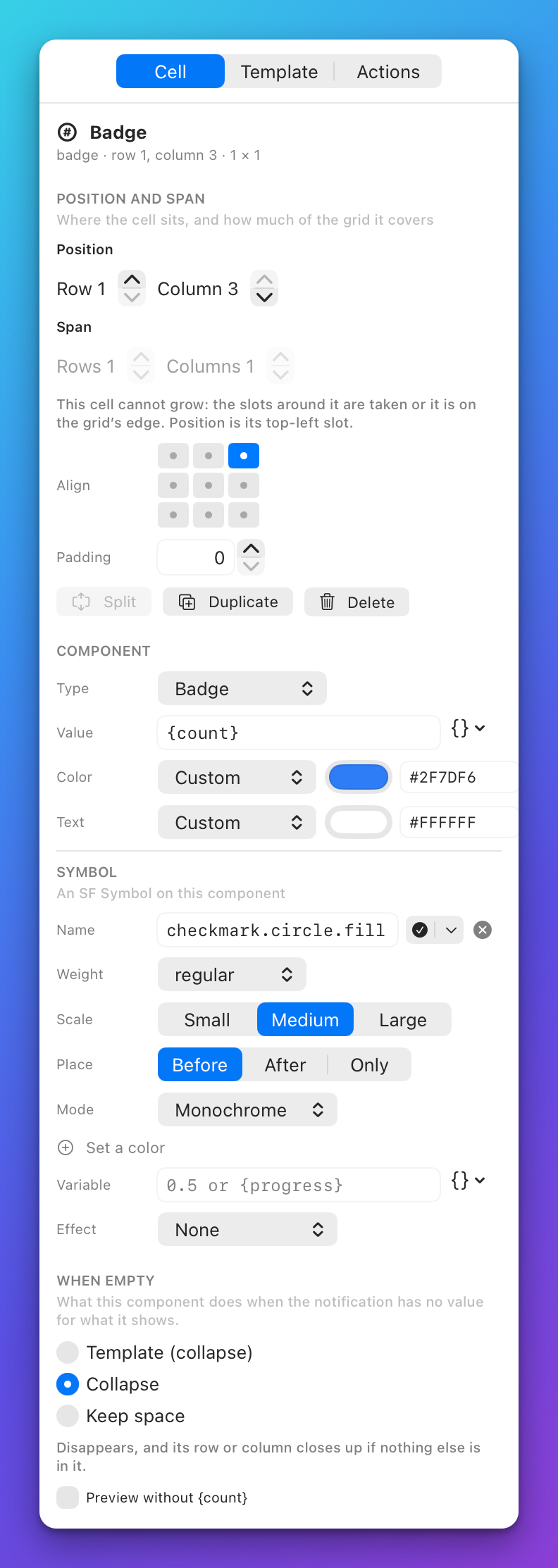 The Cell tab for a Badge cell with its Symbol section: name, weight, scale, place, mode, colour, variable and effect