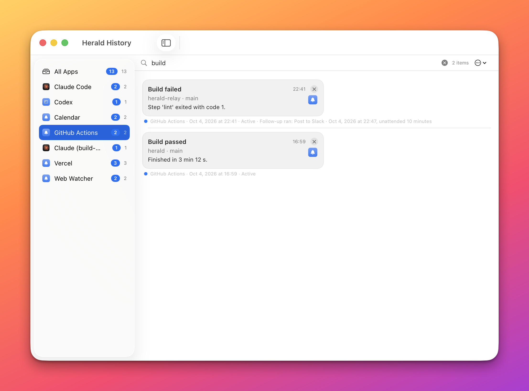 The History window with GitHub Actions selected and the word build in the search field, with two matching notifications listed