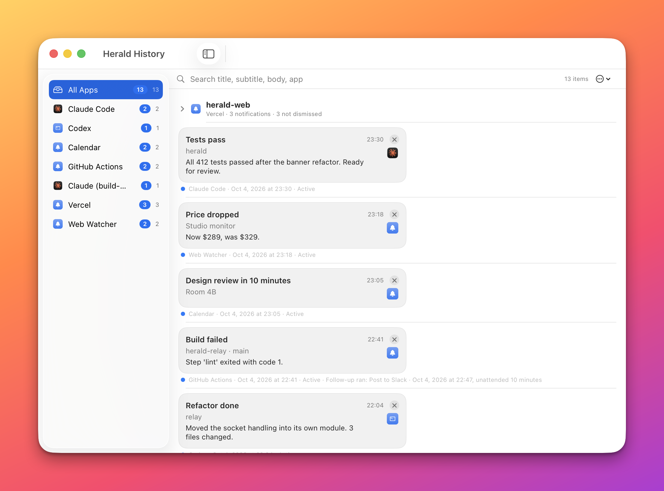 The History window with the app list on the left and notifications drawn as banners on the right