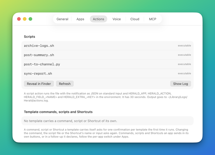 The Actions tab with the Scripts list (two scripts marked executable, Reveal in Finder, Refresh and Show Log) and the Template commands, scripts and Shortcuts list with one row marked Not confirmed yet