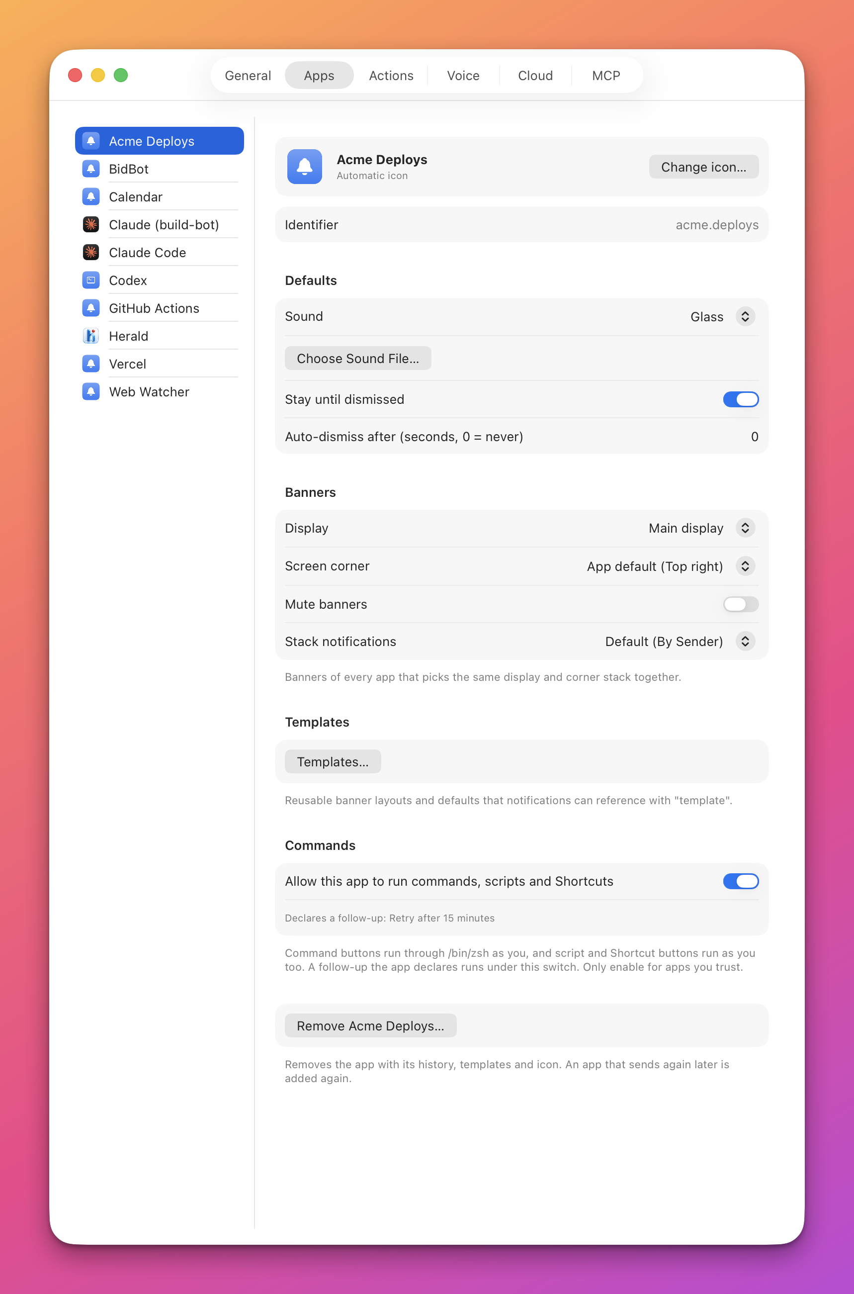 The Apps tab with Acme Deploys selected, showing the Commands section with the Allow this app to run commands, scripts and Shortcuts switch and a line saying the app declares a follow-up