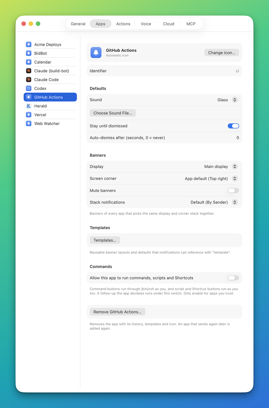 The Apps tab with the app list on the left and the page for Acme Deploys on the right: icon, Identifier, Defaults, Banners, Templates, Commands and the Remove button
