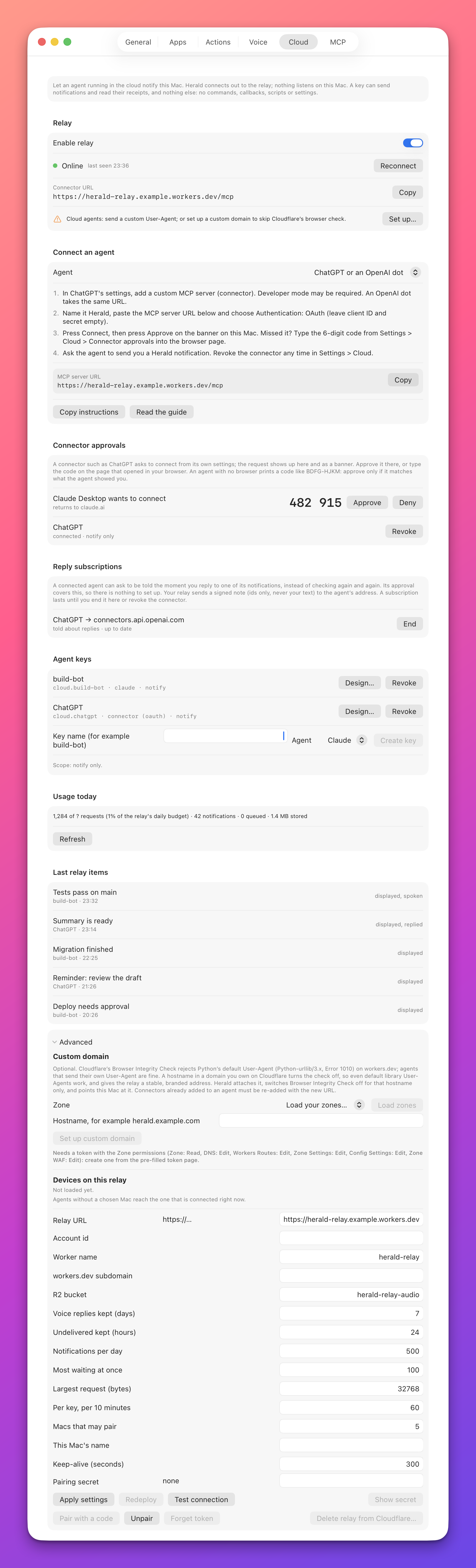 The Advanced section of the Cloud tab, with the Custom domain controls