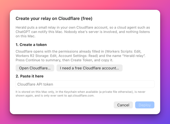 The sheet titled Create your relay on Cloudflare, with the Open Cloudflare button, the token field and the Deploy button