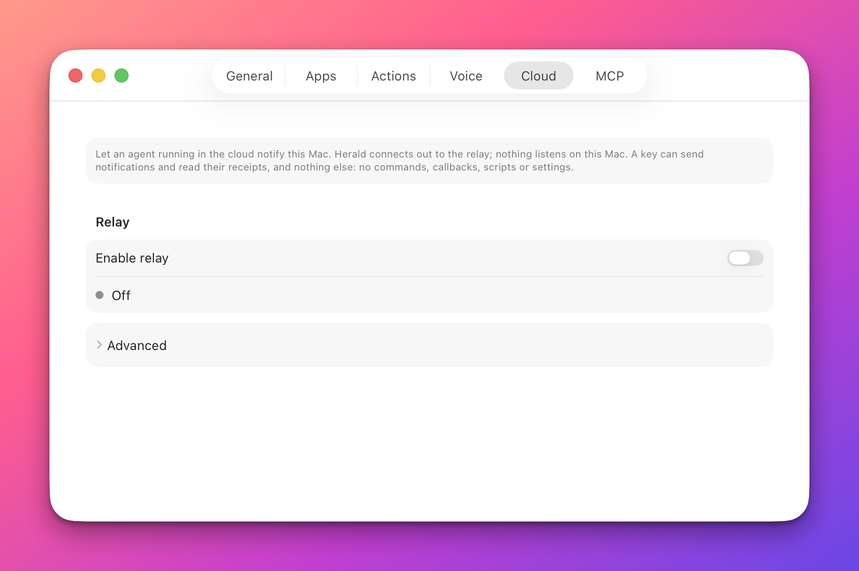 The Cloud tab of Settings before a relay exists, with the Enable relay switch off and the Advanced section closed